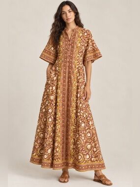 Sue Sartor Marias Block Print Maxi Dress in Chocolate, Size XL